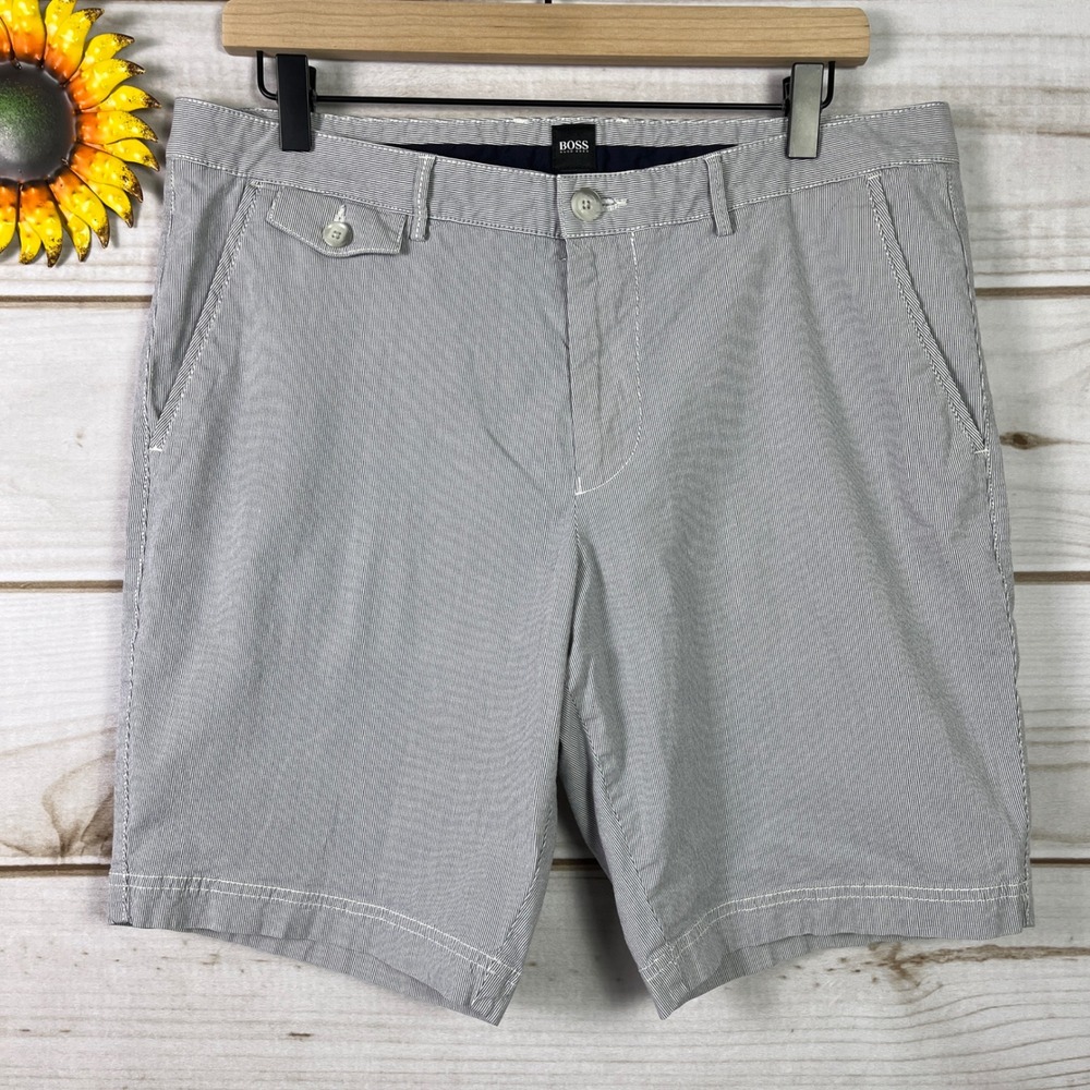 BOSS Hugo Boss Mens Striped Seersucker Stretch Shorts‎ Gray White Size 32